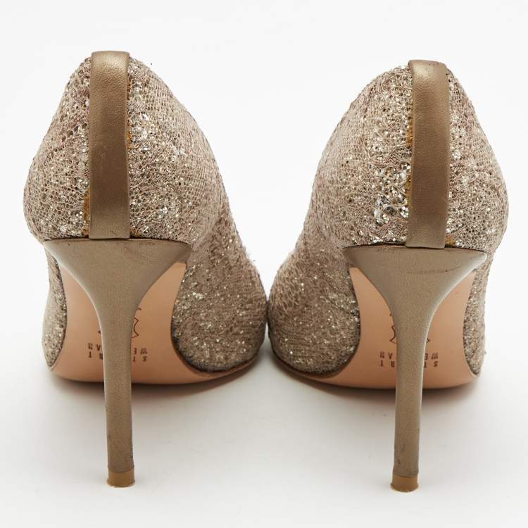 Pre Owned Stuart Weitzman Metallic Bronze/Brown Leather and Glitter Pointed Toe Pumps Size 35