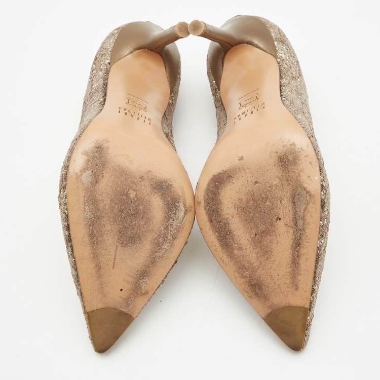 Pre Owned Stuart Weitzman Metallic Bronze/Brown Leather and Glitter Pointed Toe Pumps Size 35