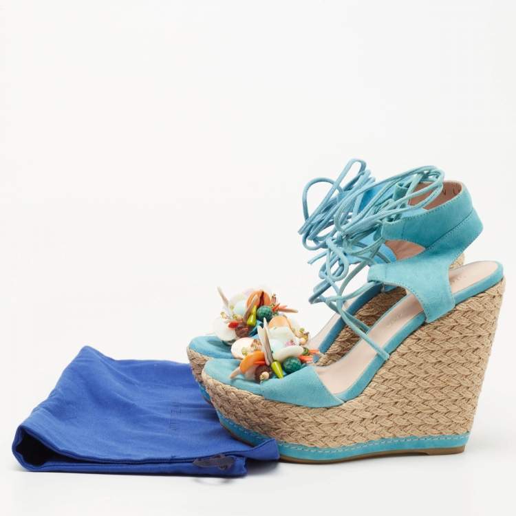 Pre Owned Stuart Weitzman Blue Suede Lace Up Wedge Sandals Size 36