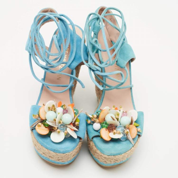 Pre Owned Stuart Weitzman Blue Suede Lace Up Wedge Sandals Size 36