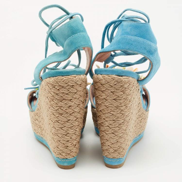 Pre Owned Stuart Weitzman Blue Suede Lace Up Wedge Sandals Size 36