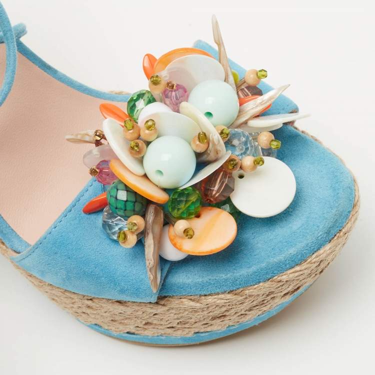 Pre Owned Stuart Weitzman Blue Suede Lace Up Wedge Sandals Size 36