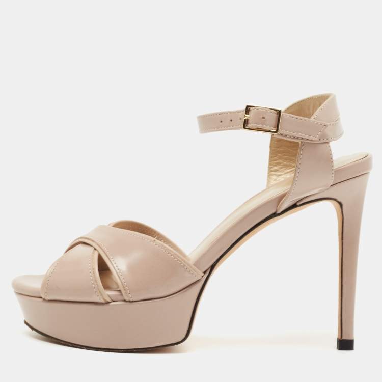 Pre Owned Stuart Weitzman Beige Leather Ankle Strap Sandals Size 34.5