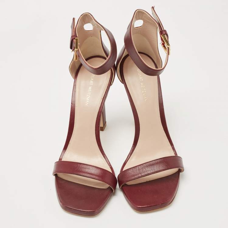 Pre Owned Stuart Weitzman Burgundy Leather Nudistsong Ankle Strap Sandals Size 38