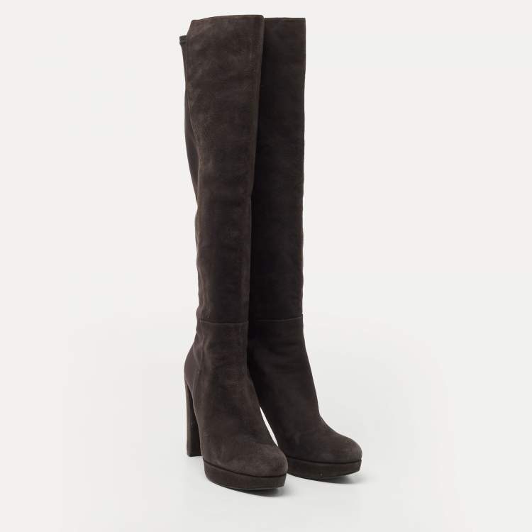 Pre Owned Stuart Weitzman Dark Grey Suede Knee Length Boots Size 39.5