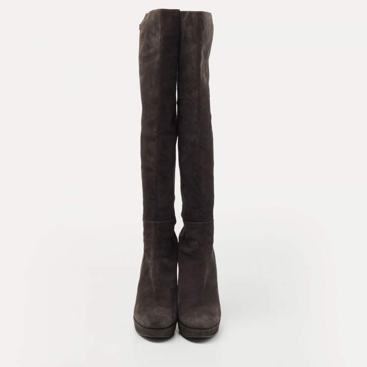 Pre Owned Stuart Weitzman Dark Grey Suede Knee Length Boots Size 39.5