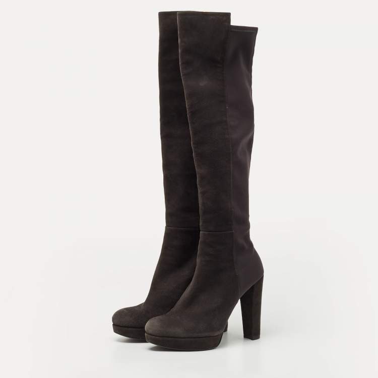 Pre Owned Stuart Weitzman Dark Grey Suede Knee Length Boots Size 39.5