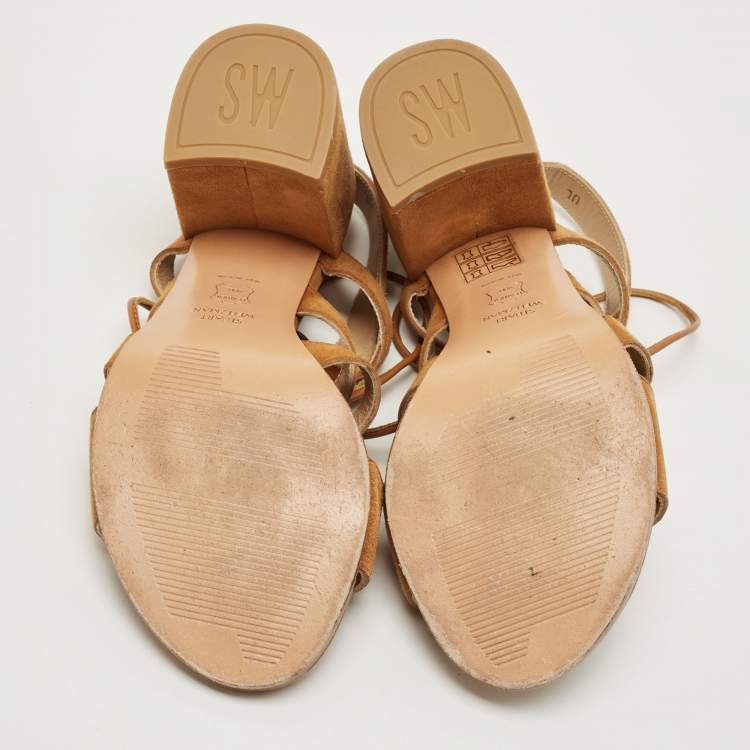 Pre Owned Stuart Weitzman Tan Suede Lace Up Block Heel Sandals Size 38