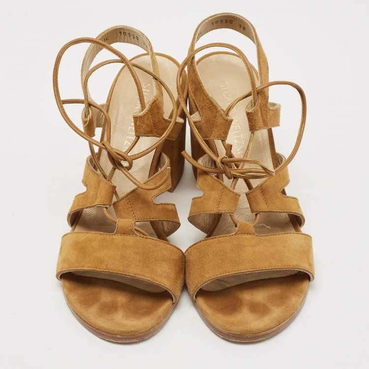 Pre Owned Stuart Weitzman Tan Suede Lace Up Block Heel Sandals Size 38