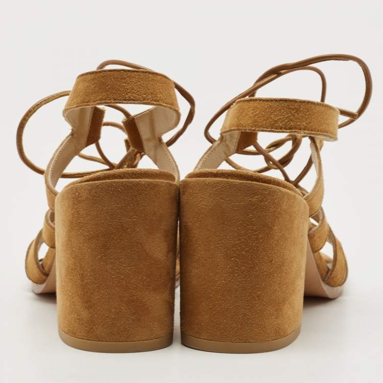 Pre Owned Stuart Weitzman Tan Suede Lace Up Block Heel Sandals Size 38