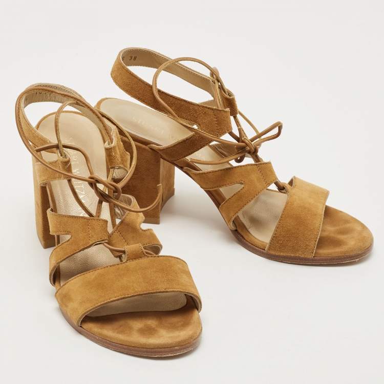 Pre Owned Stuart Weitzman Tan Suede Lace Up Block Heel Sandals Size 38