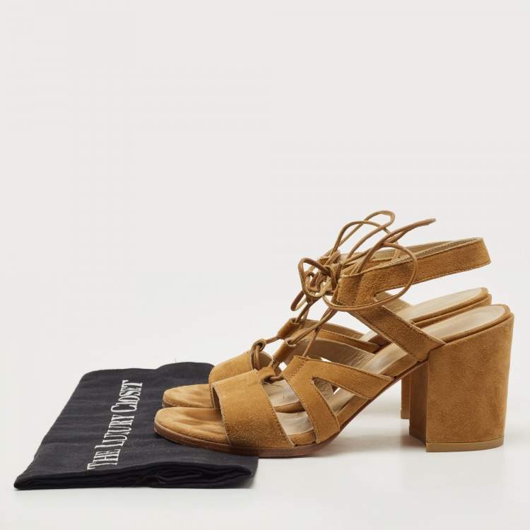 Pre Owned Stuart Weitzman Tan Suede Lace Up Block Heel Sandals Size 38