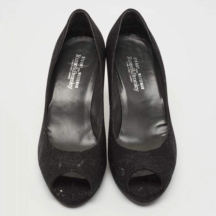 Pre Owned Stuart Weitzman Black Textured Leather Peep Toe Platform Pumps Size 38