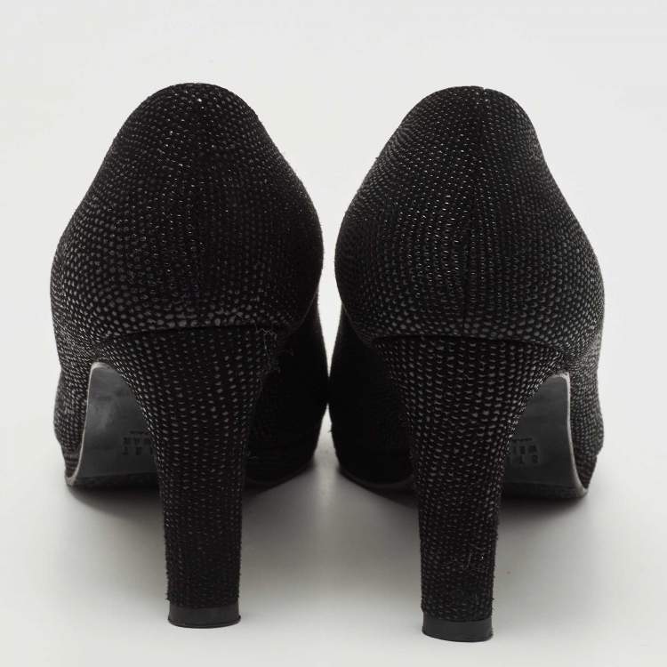 Pre Owned Stuart Weitzman Black Textured Leather Peep Toe Platform Pumps Size 38