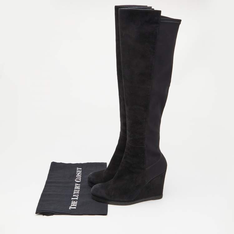 Pre Owned Stuart Weitzman Black Suede Knee Length Wedge Boots Size 37.5