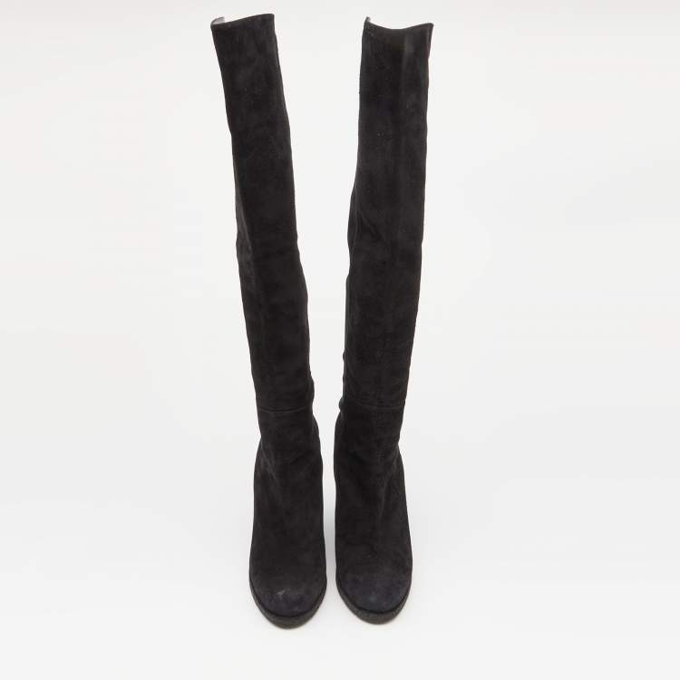 Pre Owned Stuart Weitzman Black Suede Knee Length Wedge Boots Size 37.5