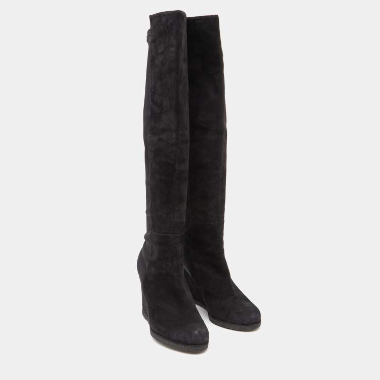Pre Owned Stuart Weitzman Black Suede Knee Length Wedge Boots Size 37.5