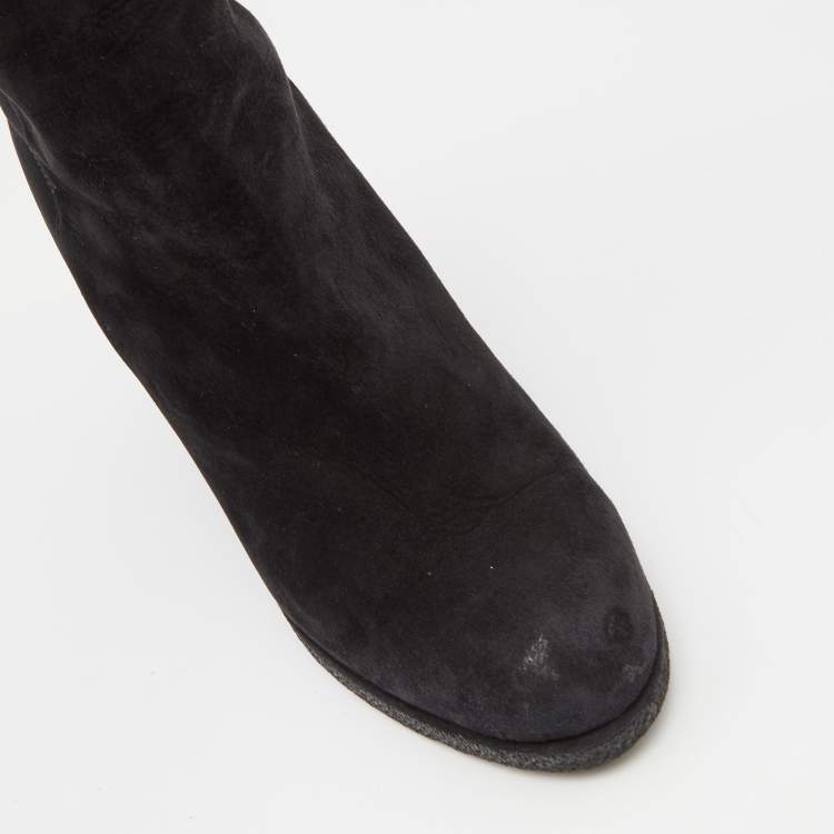 Pre Owned Stuart Weitzman Black Suede Knee Length Wedge Boots Size 37.5