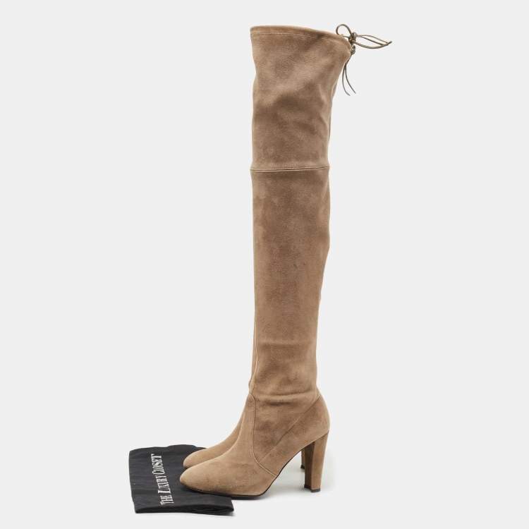 Pre Owned Stuart Weitzman Khaki Beige Suede Tie Land Over The Knee Block Heel Boots Size 37