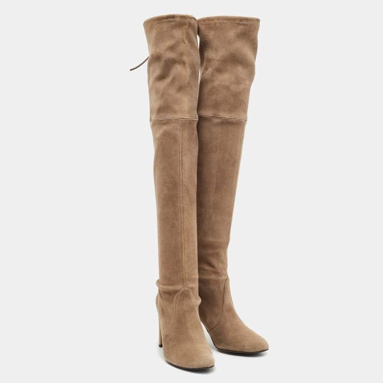 Pre Owned Stuart Weitzman Khaki Beige Suede Tie Land Over The Knee Block Heel Boots Size 37