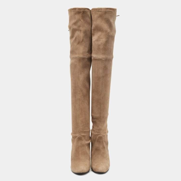 Pre Owned Stuart Weitzman Khaki Beige Suede Tie Land Over The Knee Block Heel Boots Size 37