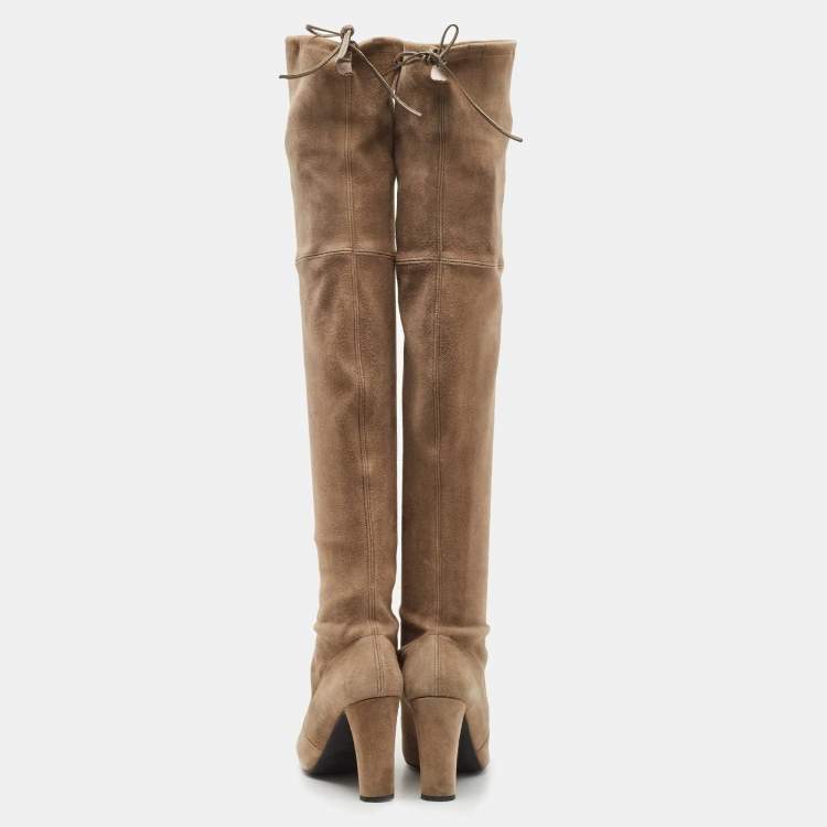 Pre Owned Stuart Weitzman Khaki Beige Suede Tie Land Over The Knee Block Heel Boots Size 37