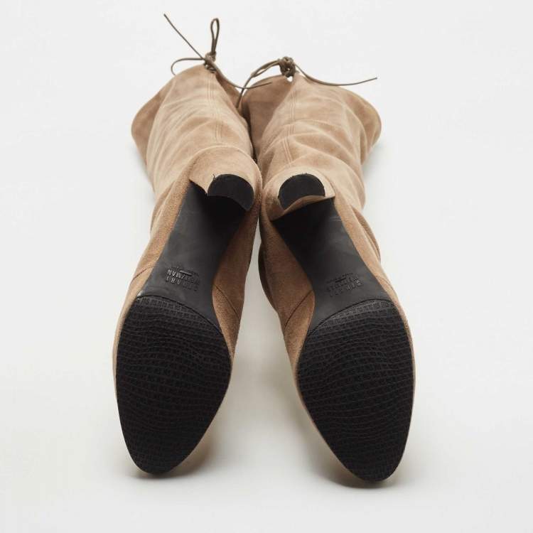 Pre Owned Stuart Weitzman Khaki Beige Suede Tie Land Over The Knee Block Heel Boots Size 37