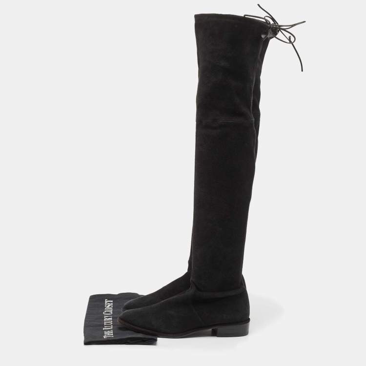 Pre Owned Stuart Weitzman Black Suede Tie Up Knee Length Boots Size 37