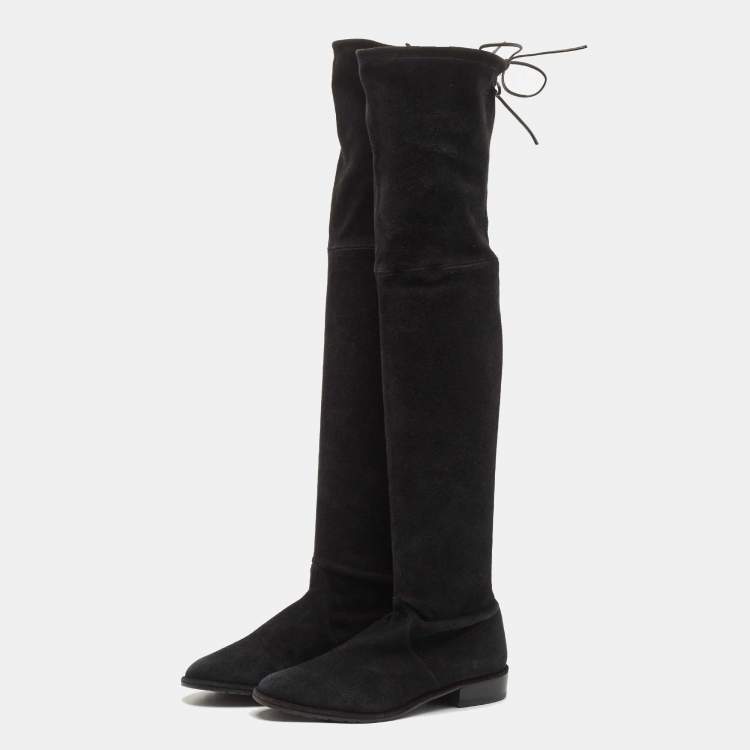 Pre Owned Stuart Weitzman Black Suede Tie Up Knee Length Boots Size 37