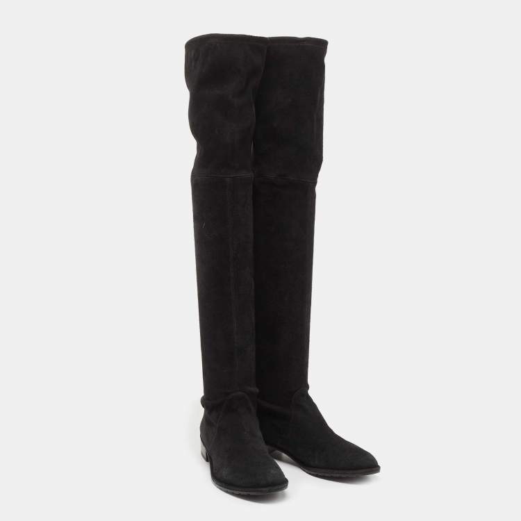 Pre Owned Stuart Weitzman Black Suede Tie Up Knee Length Boots Size 37