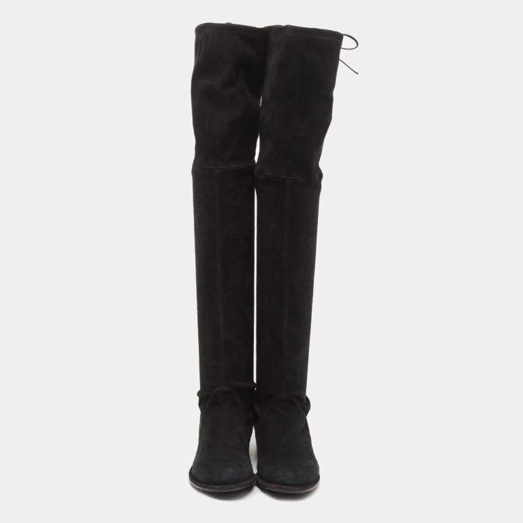 Pre Owned Stuart Weitzman Black Suede Tie Up Knee Length Boots Size 37