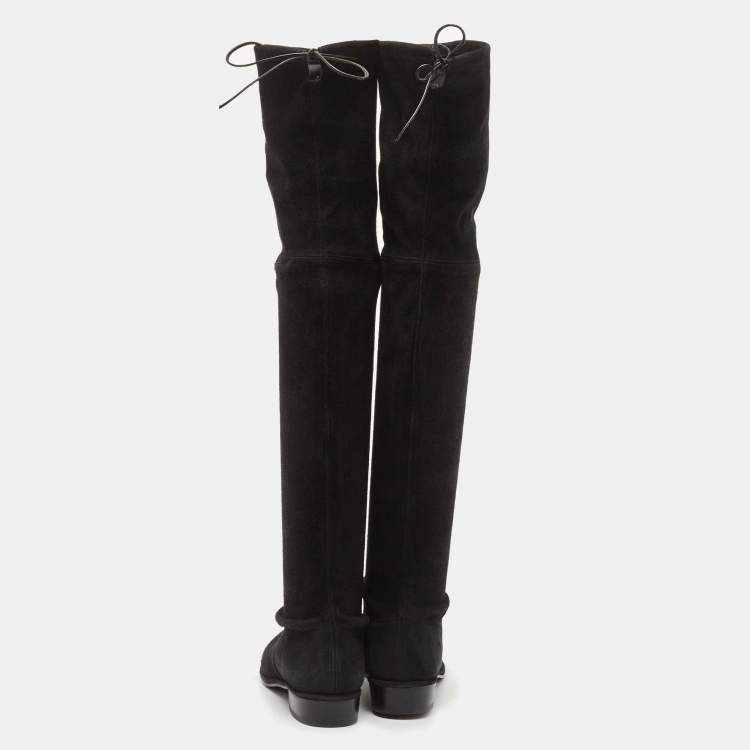 Pre Owned Stuart Weitzman Black Suede Tie Up Knee Length Boots Size 37