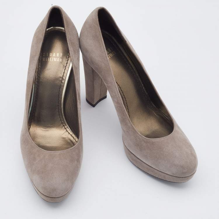 Pre Owned Stuart Weitzman Grey Suede Block Heel Pumps Size 37.5