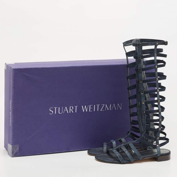 Pre Owned Stuart Weitzman Blue Denim And Elastic Gladiator Flat Sandals Size 39