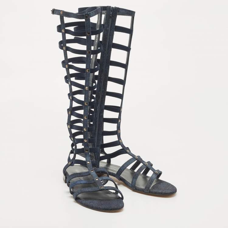 Pre Owned Stuart Weitzman Blue Denim And Elastic Gladiator Flat Sandals Size 39