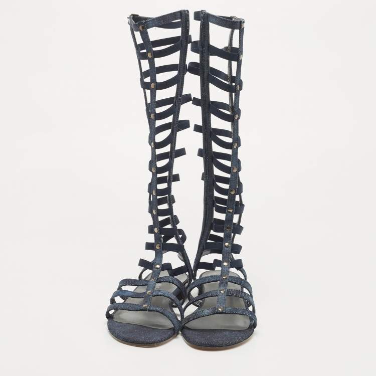 Pre Owned Stuart Weitzman Blue Denim And Elastic Gladiator Flat Sandals Size 39