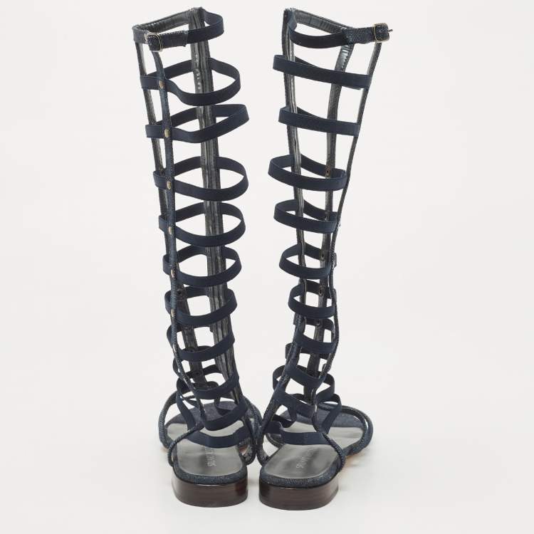 Pre Owned Stuart Weitzman Blue Denim And Elastic Gladiator Flat Sandals Size 39
