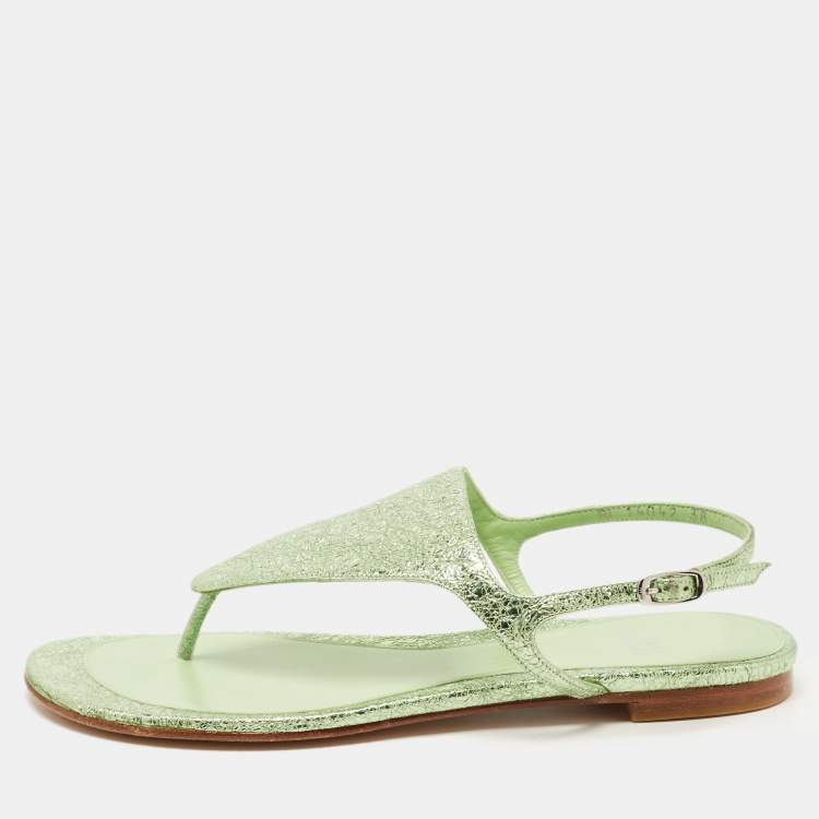 Pre Owned Stuart Weitzman Green Foil Leather Thong Slingback Flat Sandals Size 38