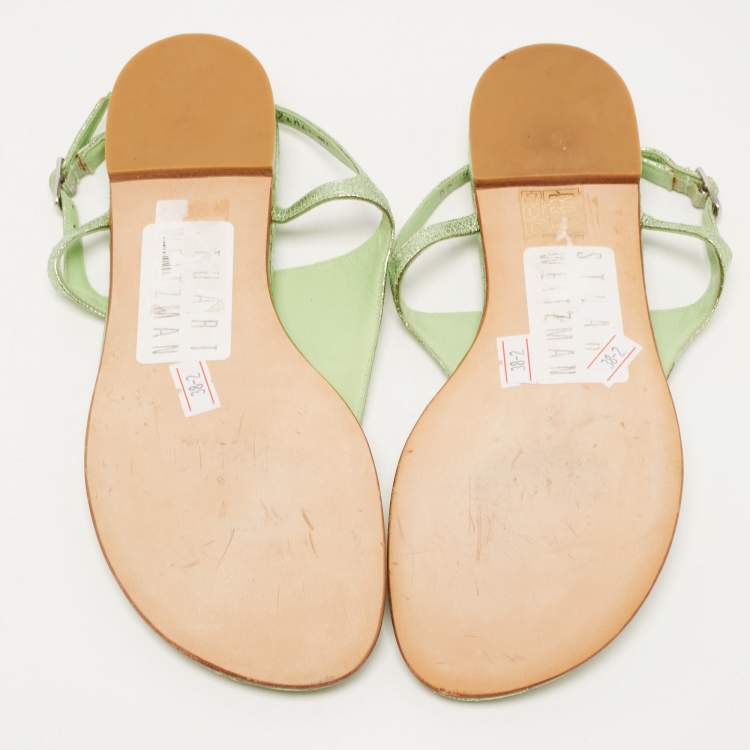 Pre Owned Stuart Weitzman Green Foil Leather Thong Slingback Flat Sandals Size 38