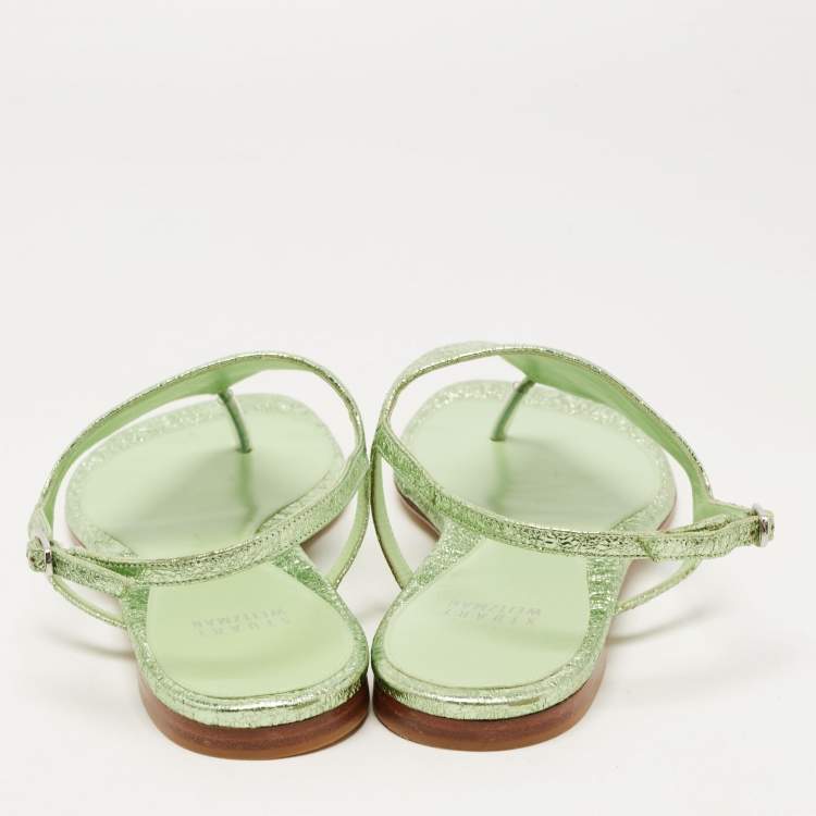 Pre Owned Stuart Weitzman Green Foil Leather Thong Slingback Flat Sandals Size 38