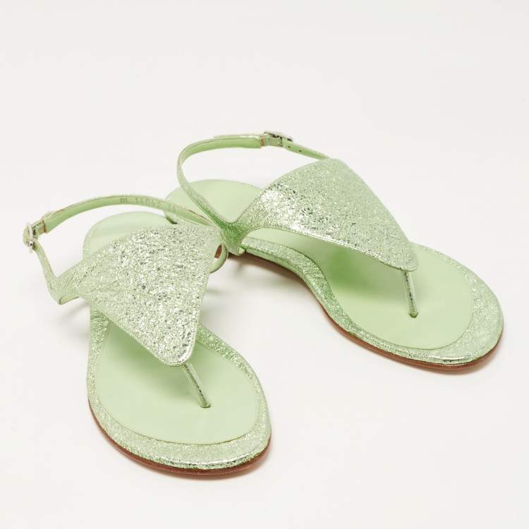 Pre Owned Stuart Weitzman Green Foil Leather Thong Slingback Flat Sandals Size 38