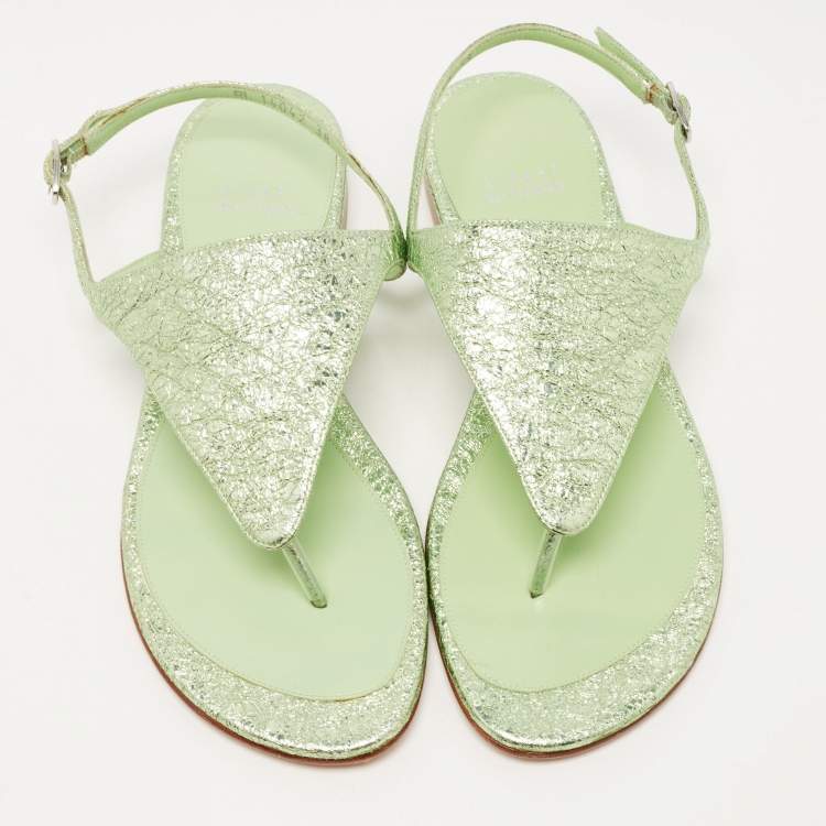 Pre Owned Stuart Weitzman Green Foil Leather Thong Slingback Flat Sandals Size 38