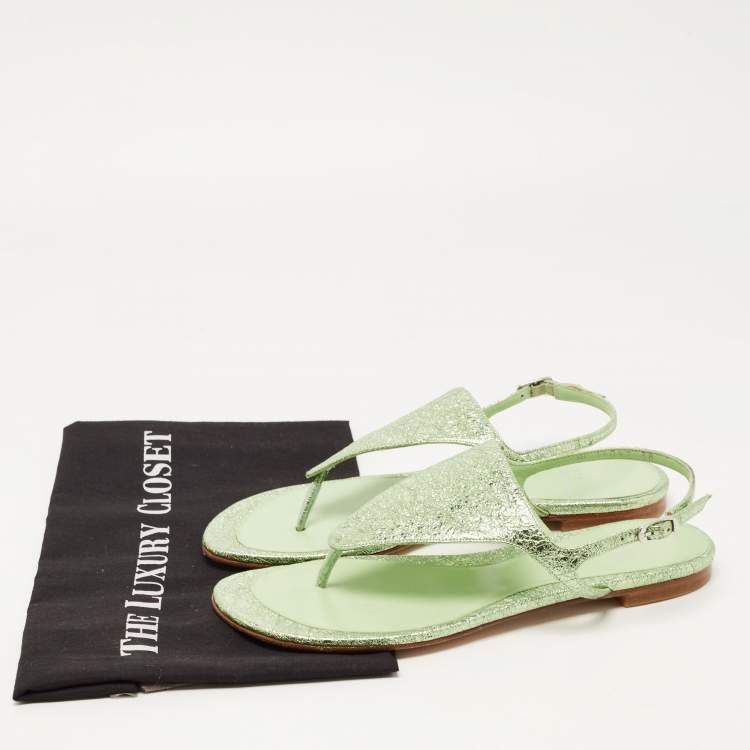 Pre Owned Stuart Weitzman Green Foil Leather Thong Slingback Flat Sandals Size 38