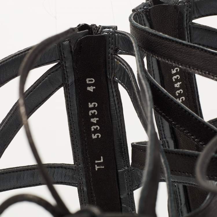 Pre Owned Stuart Weitzman Black Leather Gladiator Ankle Wrap Sandals Size 40