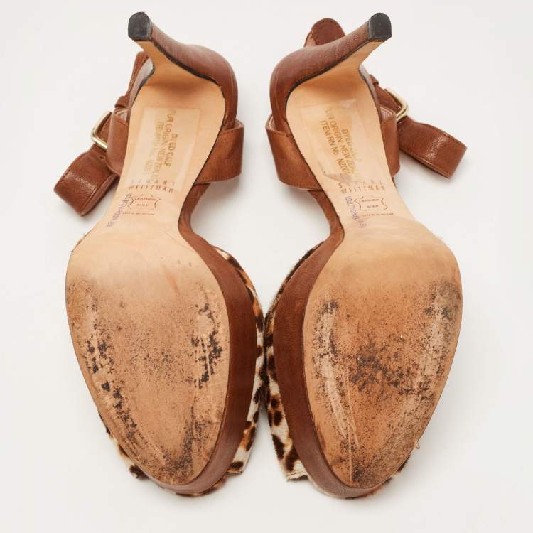 Pre Owned Stuart Weitzman Brown Leather and Leopard Print Pony Hair Platform Ankle Strap Sandals Size 38.5
