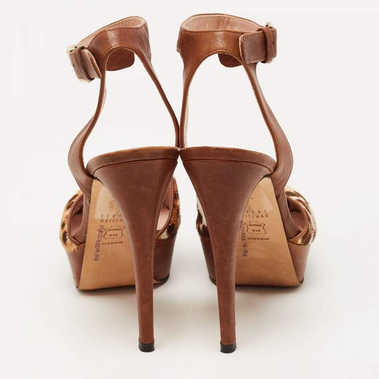 Pre Owned Stuart Weitzman Brown Leather and Leopard Print Pony Hair Platform Ankle Strap Sandals Size 38.5