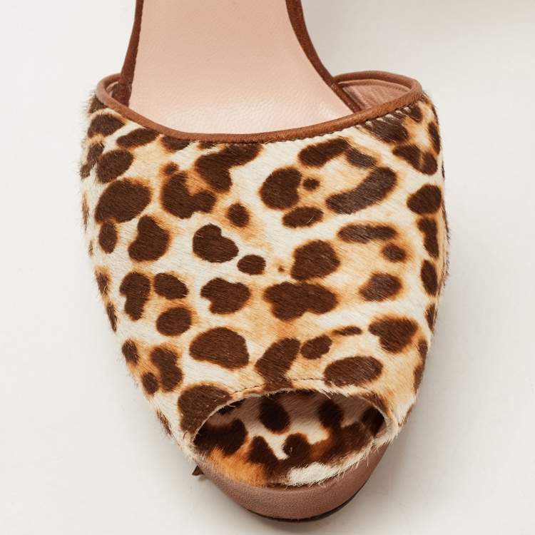 Pre Owned Stuart Weitzman Brown Leather and Leopard Print Pony Hair Platform Ankle Strap Sandals Size 38.5