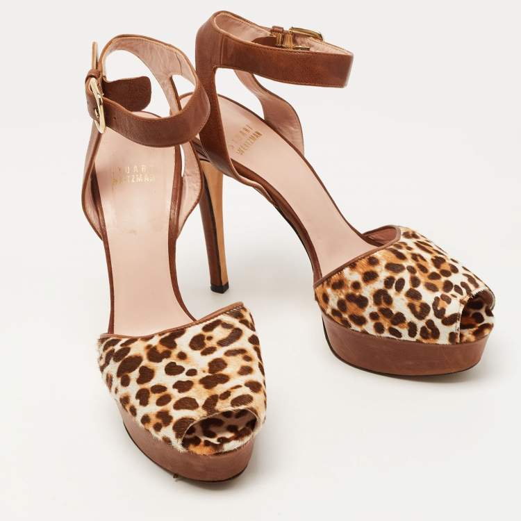 Pre Owned Stuart Weitzman Brown Leather and Leopard Print Pony Hair Platform Ankle Strap Sandals Size 38.5
