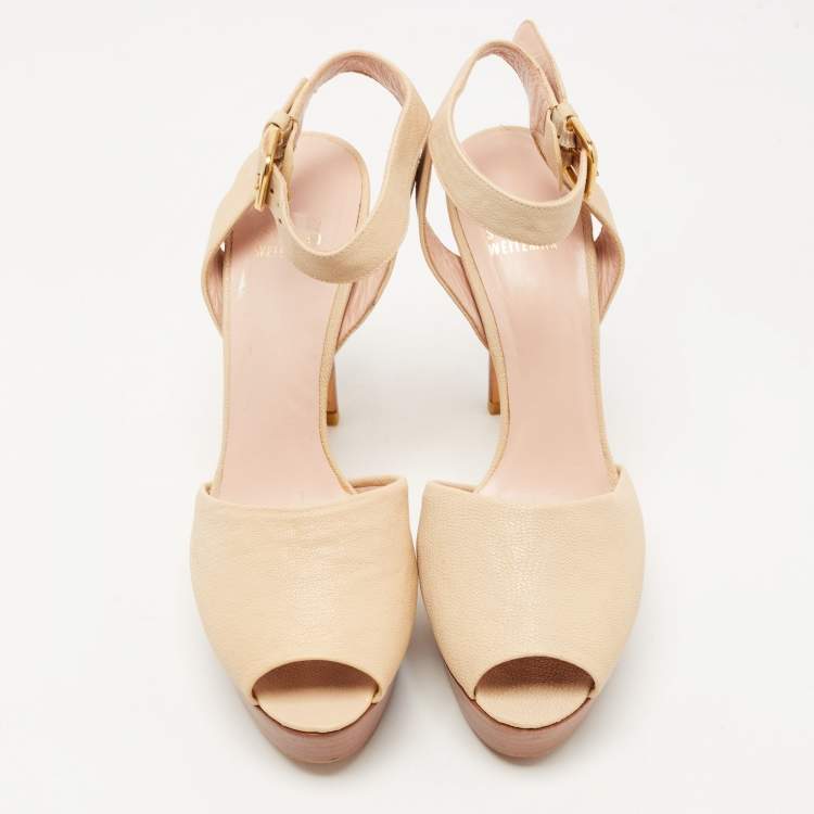 Pre Owned Stuart Weitzman Beige Leather Ankle Strap Platform Sandals Size 39