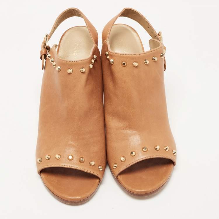 Pre Owned Stuart Weitzman Brown Leather Studded Slingback Block Heel Sandals Size 40